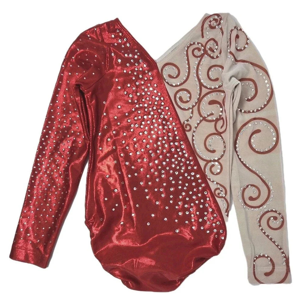 Ozone Competition Leotard Bling Vneck LS Size YL Youth Large NWOT Red 64650